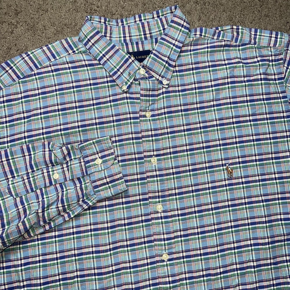 Polo Ralph Lauren Blue Plaid Button Up Shirt 2XLT Lng Sleeve Oxford Pony